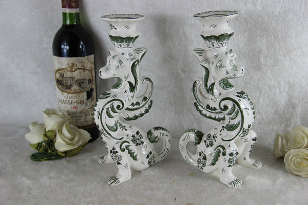 PAIR antique french faience Dragon lions gothic Candleholder / lamp griffin