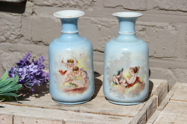 PAIR antique French pastel blue putti angels romantic scene miniature vases