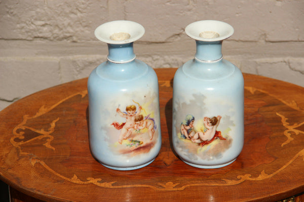 PAIR antique French pastel blue putti angels romantic scene miniature vases