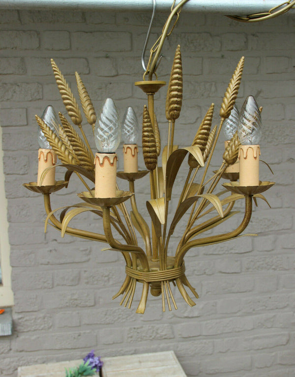 Hollywood Regency gold gilt MASSIVE marked wheat sheaf chandelier 1960 lamp