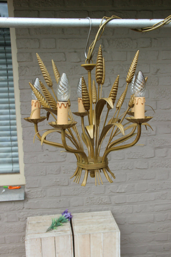 Hollywood Regency gold gilt MASSIVE marked wheat sheaf chandelier 1960 lamp