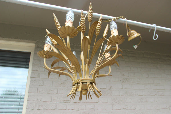 Hollywood Regency gold gilt MASSIVE marked wheat sheaf chandelier 1960 lamp