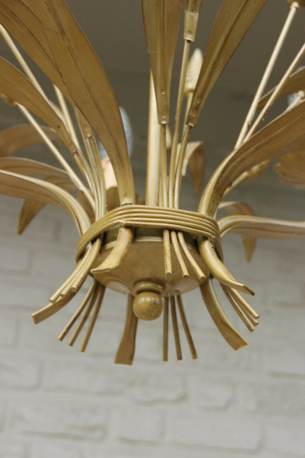 Hollywood Regency gold gilt MASSIVE marked wheat sheaf chandelier 1960 lamp