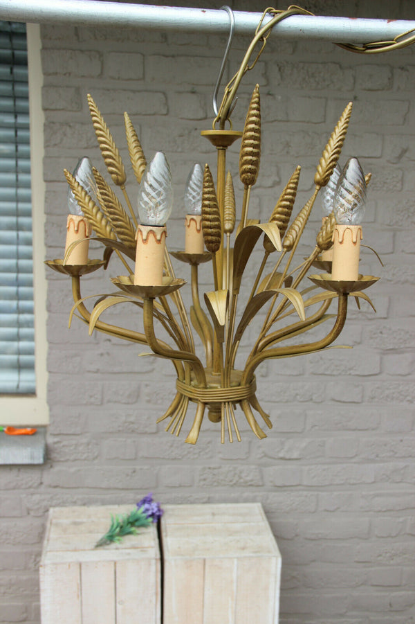 Hollywood Regency gold gilt MASSIVE marked wheat sheaf chandelier 1960 lamp