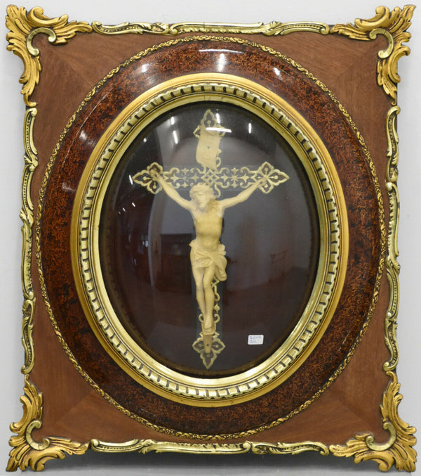 Large French religious Crucifix Cross Behind globe Framed 1950 Religious