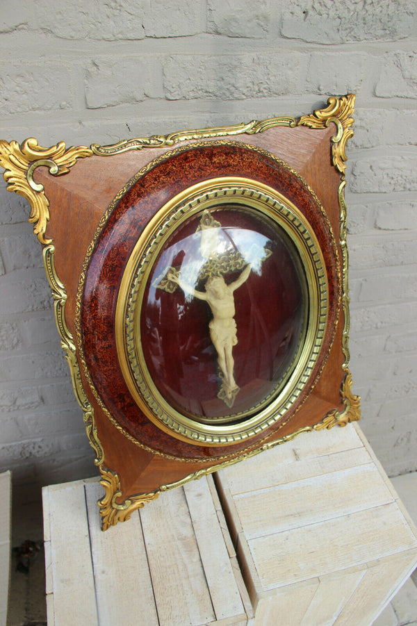 Large French religious Crucifix Cross Behind globe Framed 1950 Religious