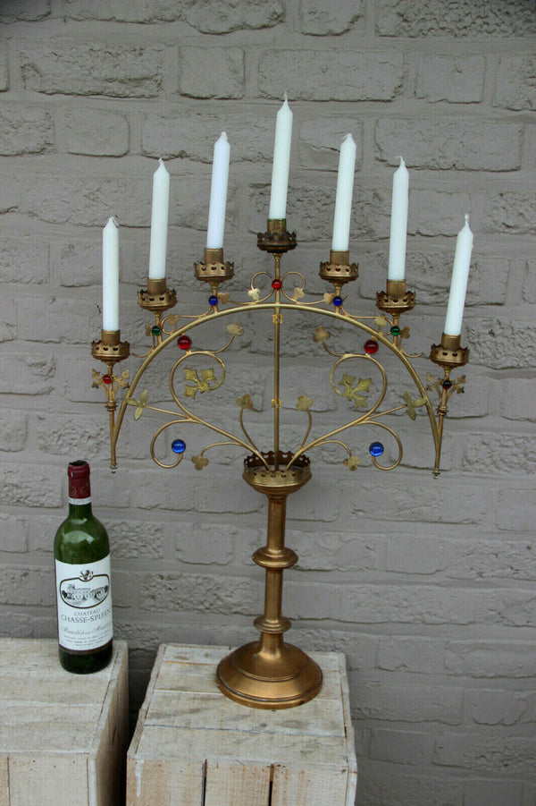 XL French religious church altar brass Candelabra Candle holder glass stones