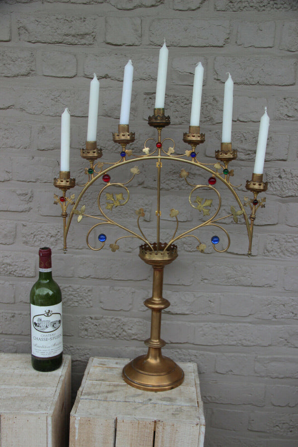 XL French religious church altar brass Candelabra Candle holder glass stones