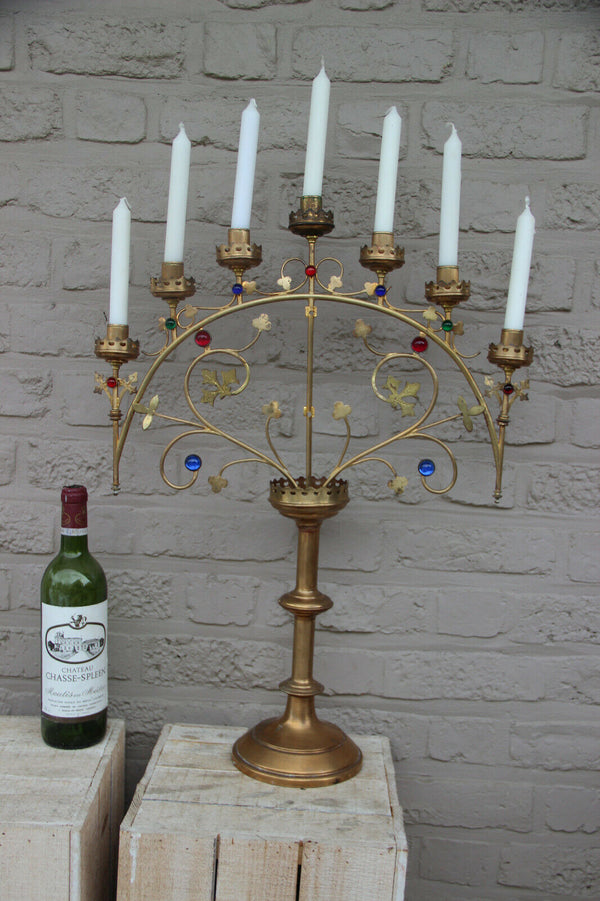 XL French religious church altar brass Candelabra Candle holder glass stones