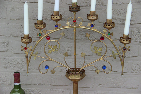 XL French religious church altar brass Candelabra Candle holder glass stones