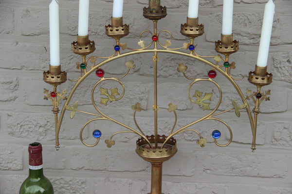 XL French religious church altar brass Candelabra Candle holder glass stones