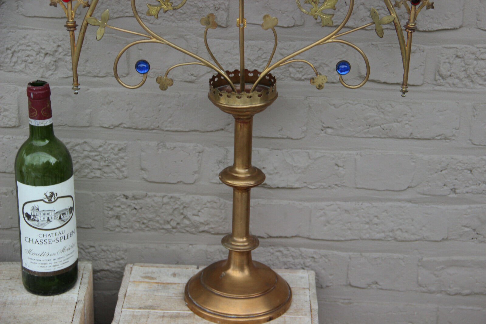 XL French religious church altar brass Candelabra Candle holder glass