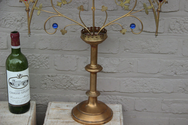 XL French religious church altar brass Candelabra Candle holder glass stones