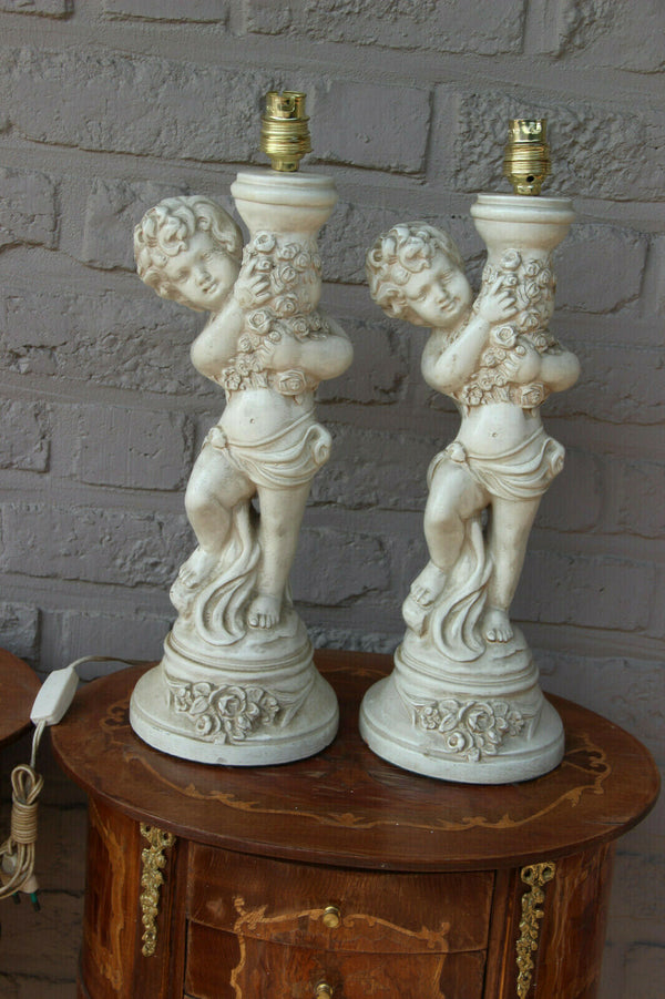 PAIR italian Ceramic 1950 putti cherub table lamps signed