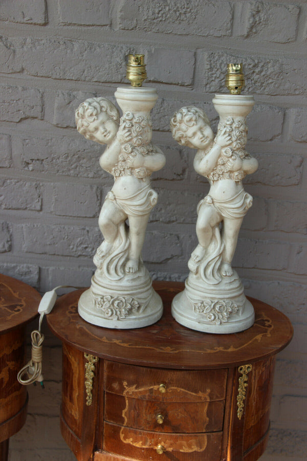 PAIR italian Ceramic 1950 putti cherub table lamps signed