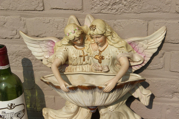 XL German faience porcelain  Religious Angel holy water font marked 1950