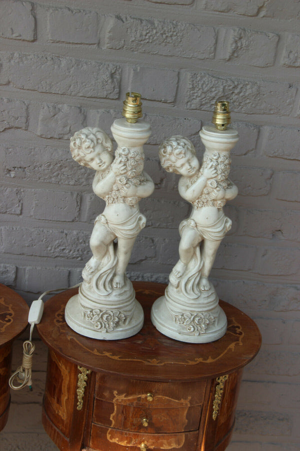 PAIR italian Ceramic 1950 putti cherub table lamps signed