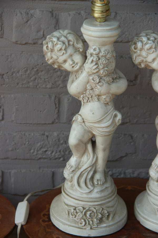 PAIR italian Ceramic 1950 putti cherub table lamps signed