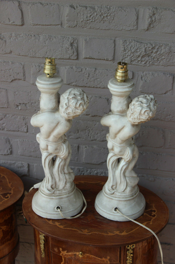 PAIR italian Ceramic 1950 putti cherub table lamps signed