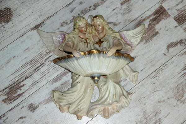 XL German faience porcelain  Religious Angel holy water font marked 1950