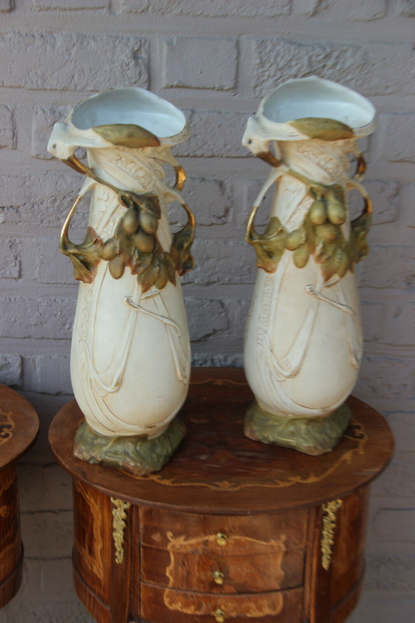 Royal dux marked porcelain faience PAIR Vases Grapes 1950