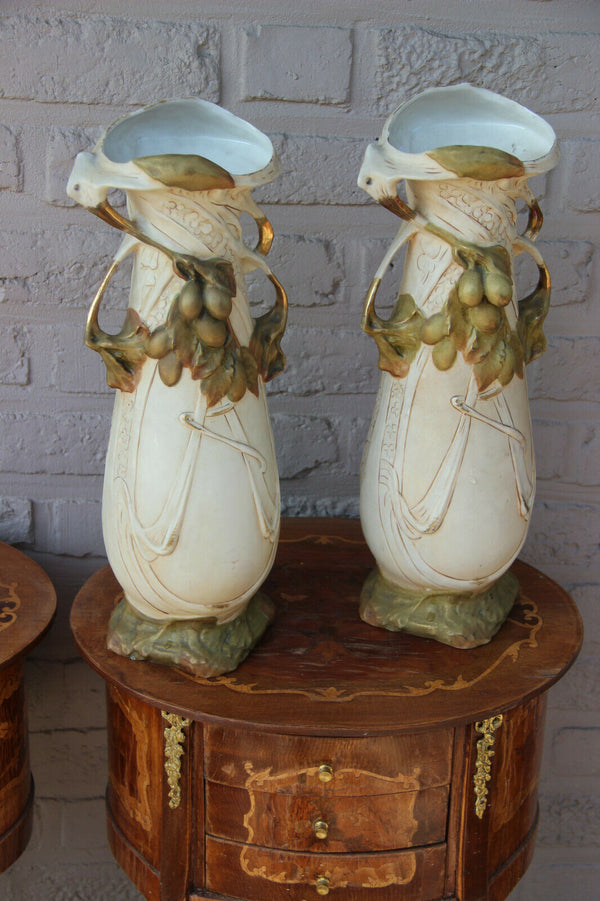 Royal dux marked porcelain faience PAIR Vases Grapes 1950