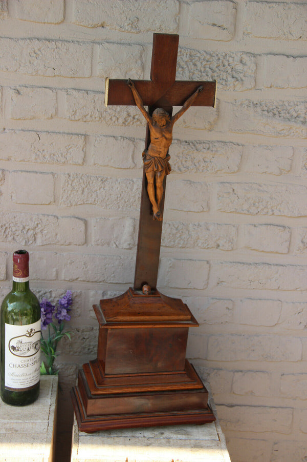 XL 1900 Antique French wood carved crucifix cross religious