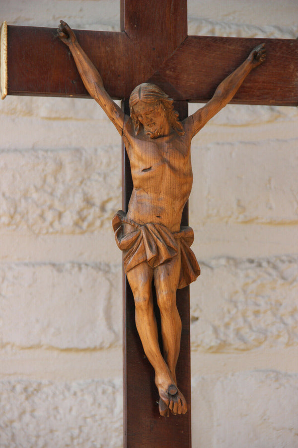 XL 1900 Antique French wood carved crucifix cross religious