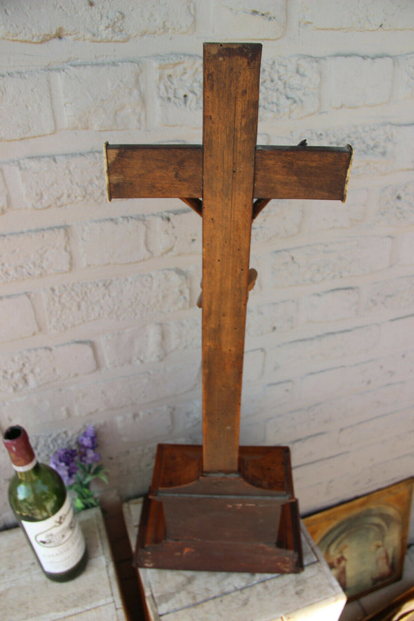 XL 1900 Antique French wood carved crucifix cross religious