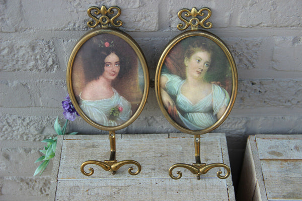 PAIR vintage italian 1970 Medaillon lady portrait wall coat rack hangers brass