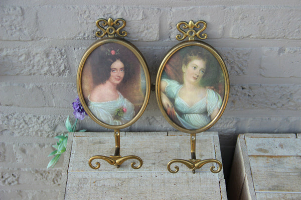 PAIR vintage italian 1970 Medaillon lady portrait wall coat rack hangers brass