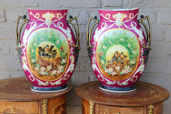 XL Pair French vieux paris porcelain birds scene Vases 1960