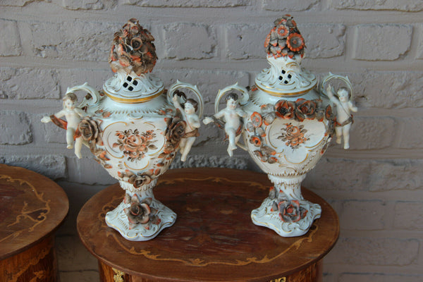 German Schierholz marked porcelain cherub angel lidded Vases majolica flowers