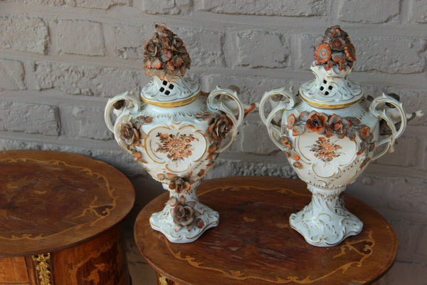 German Schierholz marked porcelain cherub angel lidded Vases majolica flowers