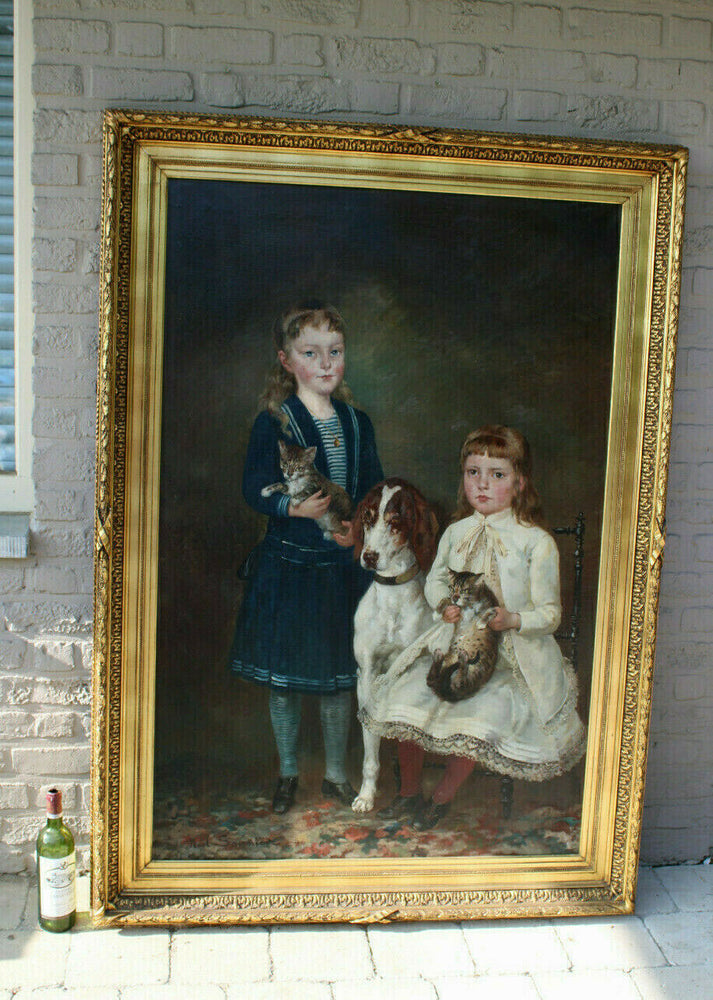 XXL Top antique 19thc Oil canvas painting dog cat girls portrait signed SAUNIER