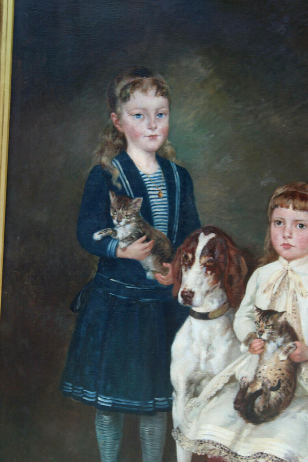 XXL Top antique 19thc Oil canvas painting dog cat girls portrait signed SAUNIER