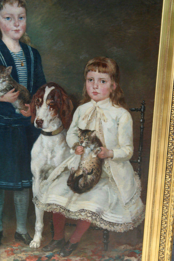 XXL Top antique 19thc Oil canvas painting dog cat girls portrait signed SAUNIER