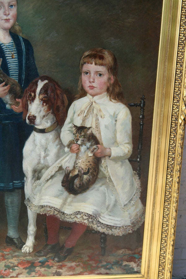 XXL Top antique 19thc Oil canvas painting dog cat girls portrait signed SAUNIER