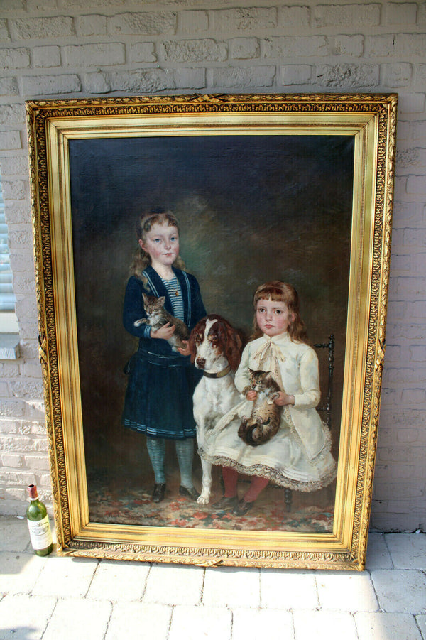 XXL Top antique 19thc Oil canvas painting dog cat girls portrait signed SAUNIER