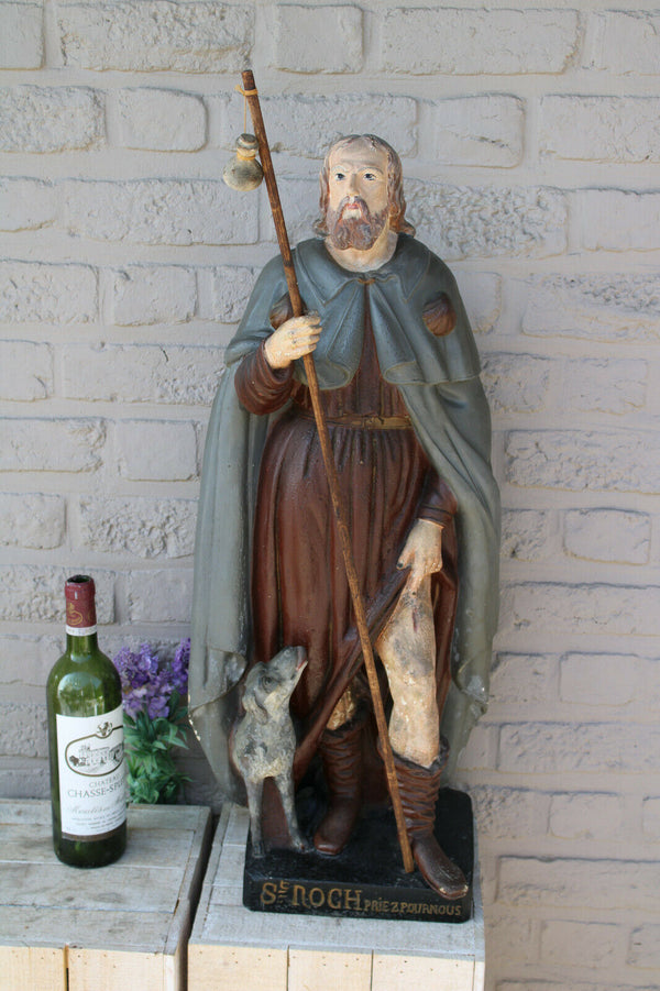 Antique XL French rare top religious figurine statue Saint ROCH dog signed