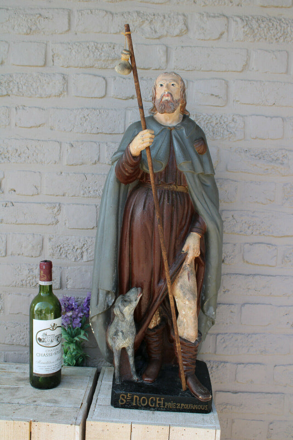 Antique XL French rare top religious figurine statue Saint ROCH dog signed
