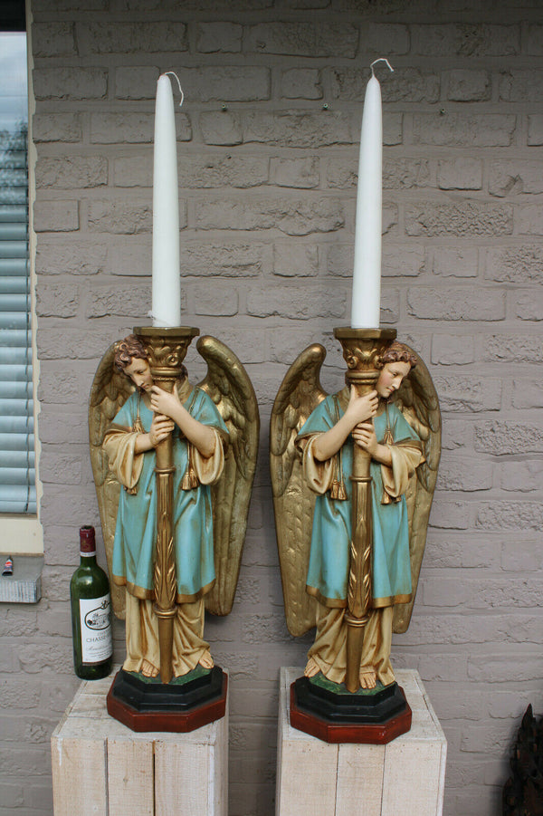 PAIR XL antique church altar archangel figurine statue candle holder 19thc chalk