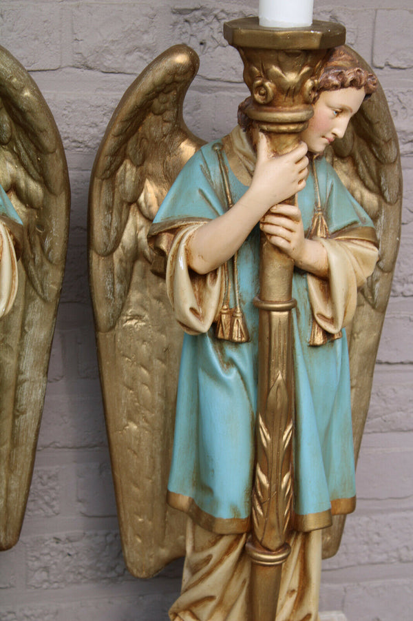 PAIR XL antique church altar archangel figurine statue candle holder 19thc chalk