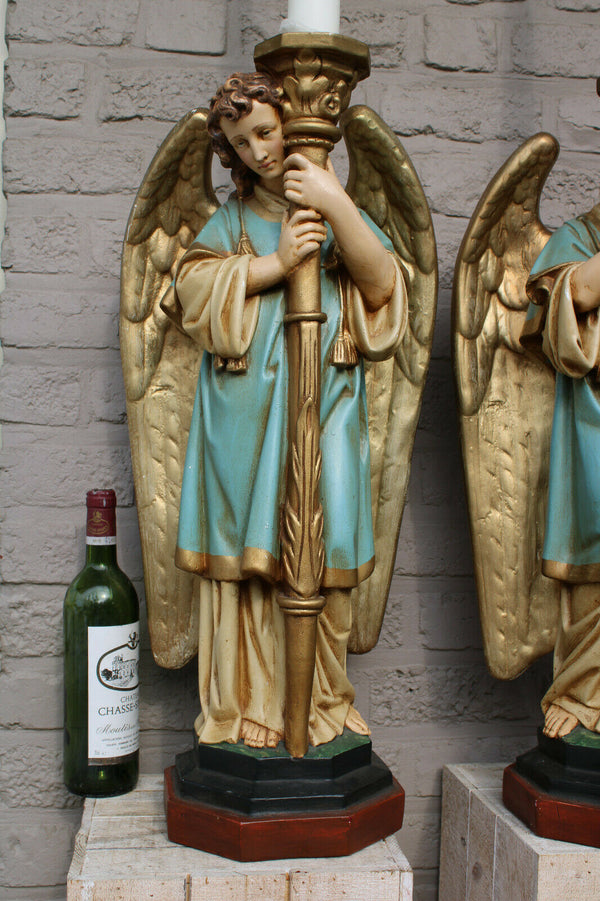 PAIR XL antique church altar archangel figurine statue candle holder 19thc chalk