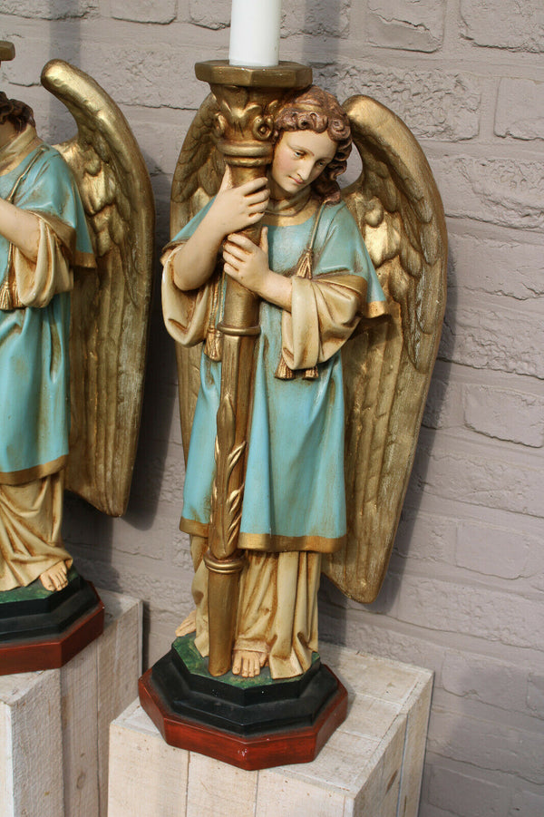 PAIR XL antique church altar archangel figurine statue candle holder 19thc chalk