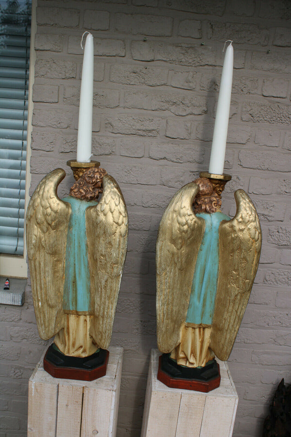 PAIR XL antique church altar archangel figurine statue candle holder 19thc chalk