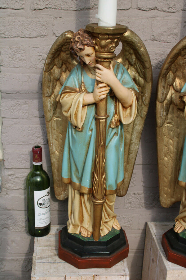 PAIR XL antique church altar archangel figurine statue candle holder 19thc chalk