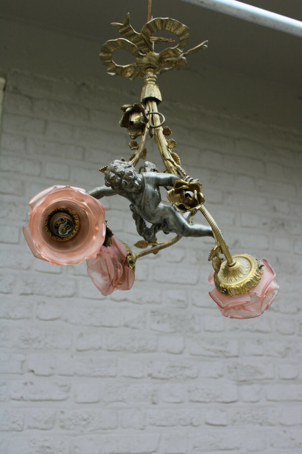 Antique French Angel cherub 3 arms pink shade chandelier pendant lamp rare