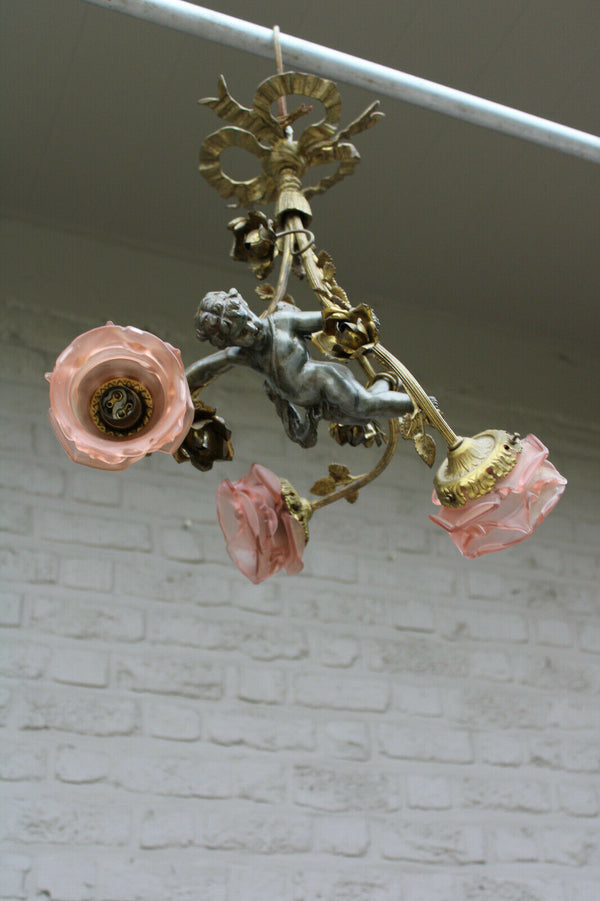 Antique French Angel cherub 3 arms pink shade chandelier pendant lamp rare