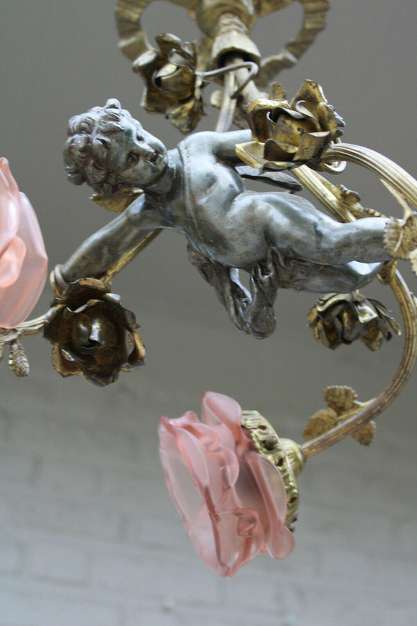 Antique French Angel cherub 3 arms pink shade chandelier pendant lamp rare